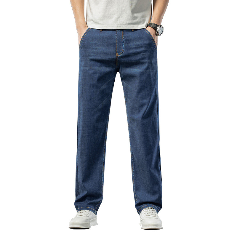 Tencel Jeans Men's Summer Thin Loose Straight Ice Silk Trousers 2024 New Fashion Brand Elastic Casual Pants