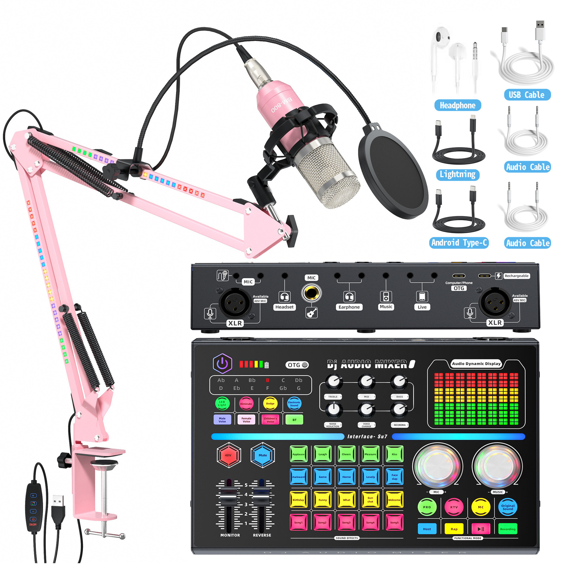 Cross-Border English Su7 Live Broadcast Sound Card Full Set Computer Mobile Phone Tiktok Live Broadcast Sound Card Singing Karaoke Microphone