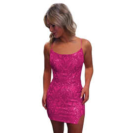 亚马逊跨境新款单肩亮片包臀裙鸡尾酒会晚礼服