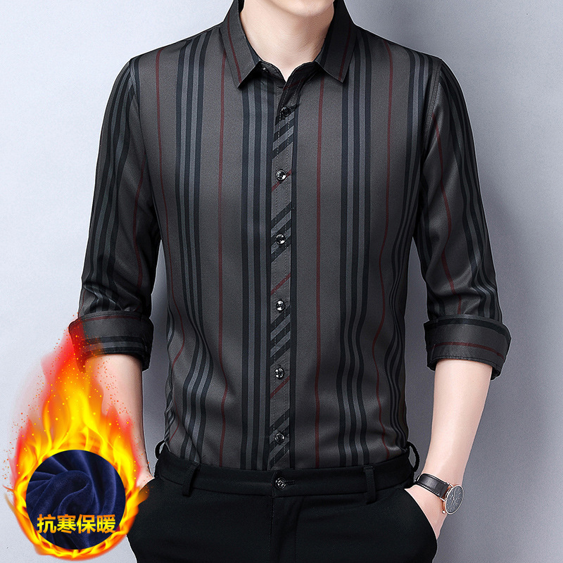 Men's Lapel Long-sleeved Striped Shirt fleece-lined Thickened Business Casual Dark Cross-border Shirt for Middle-aged Dad Men's Lapel Long-sleeved Striped Shirt fleece-lined Thickened Business Casual Dark Cross-border Shirt for Middle-aged Dad