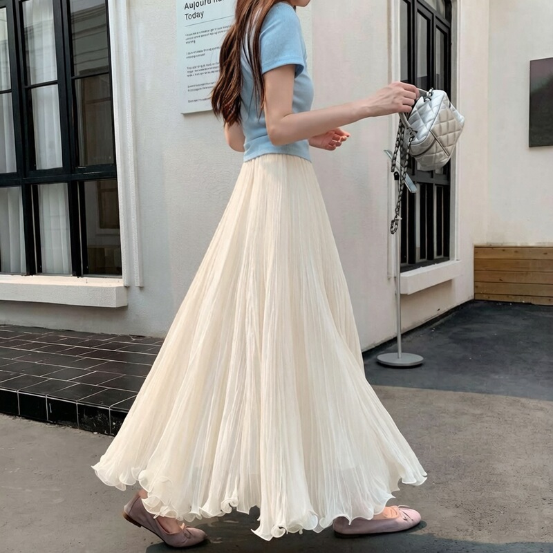 European-Style Pleated Ruffled Petal Mesh Skirt with Textured Pleats, Silk Crinkled Large Hem Lace Long Skirt