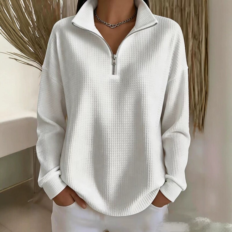In-Stock 2026 Cross-Border Amazon Foreign Trade Fashion Loose Zipper Collar Autumn and Winter Solid Color Pullover Women's Top