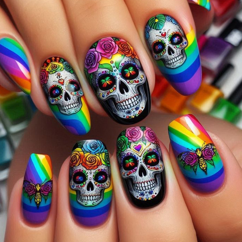 Halloween Nails Medium Length Ballet Rainbow Stripe Skull Head Flower Pattern Printed Detachable Fake Nails Manicure