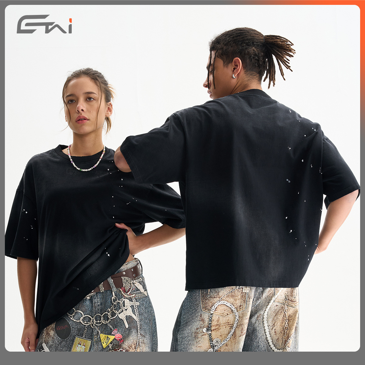 ETAI Hombre| Suelta corta inyección de tinta de caballo de algodón de alta calidad pesado de hombro caer camiseta desgastada image 3