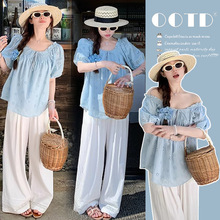 孕妇套装夏装2025新款镂空刺绣上衣猪鼻扣蕾丝花边阔腿裤两件套装