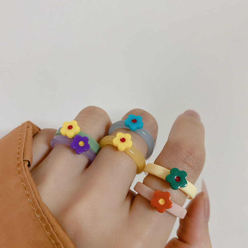 New Style Hyun-Hyun Style Colorful Flower Resin Ring All-Match Stacked Wear Color-free Acrylic Finger Ring