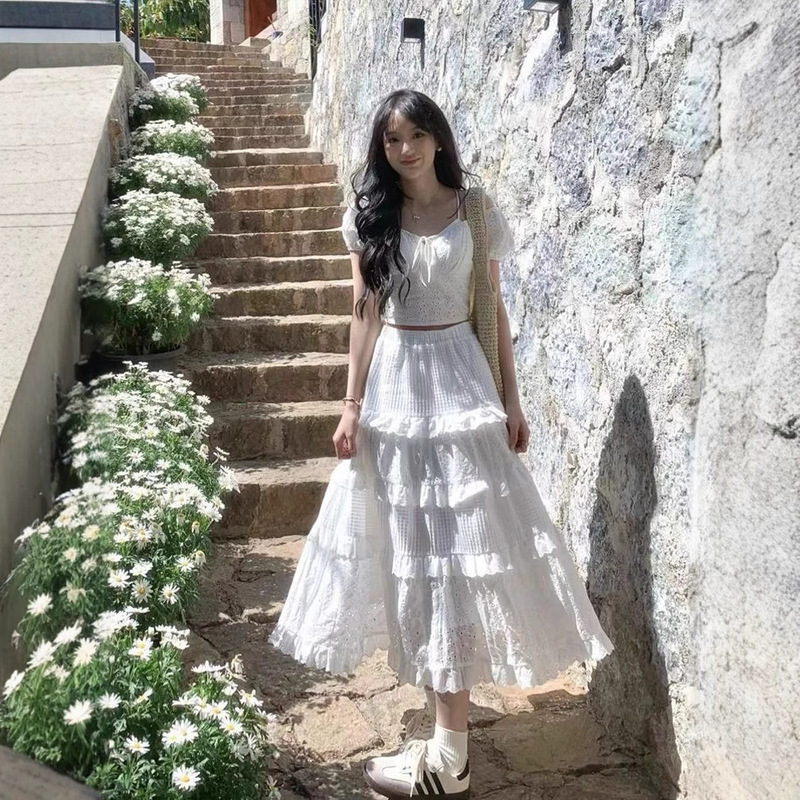 Lace Lace White Skirt Women's Summer New High Waist A- line Mid-length Puffy Fairy Cake Skirt Lace Lace White Skirt Women's Summer New High Waist A- line Mid-length Puffy Fairy Cake Skirt