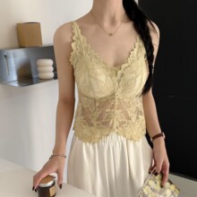 直播爆款9617花卉蕾丝网纱美背吊带v领锁骨透气内搭长款背心女士