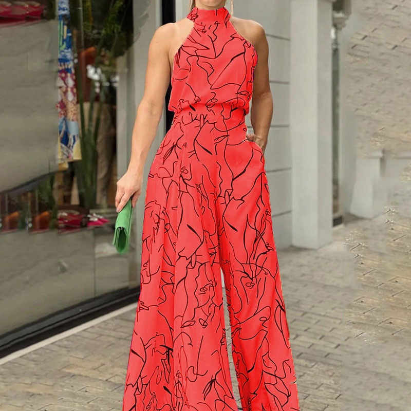 2022 verano europeo y americano ropa de mujer Amazon elegante cintura con cordones sin mangas Halter pantalones impreso mono