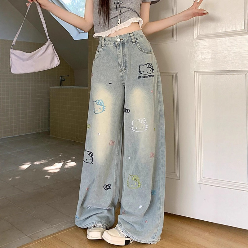 American Style 2025 New Light Blue Kt Cat Embroidered Straight Jeans for Women Petite Loose Slimming Wide-Leg Pants