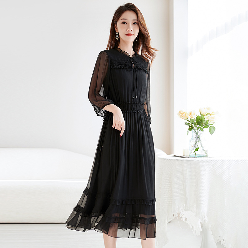Silk Draped Dress for Women 2026 New Summer Style High-End Elegant Lace-Up Mulberry Silk Mid-Length A-Line Dress