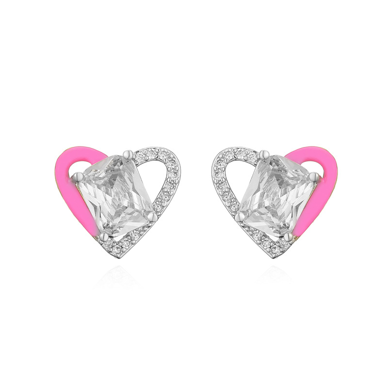 Fashion Heart Shape Copper Earrings Ear Studs Stoving Varnish Artificial Gemstones Copper Earrings