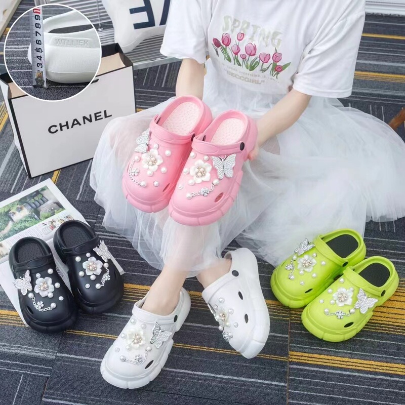 DIY Bow Slip-on Feeling Thick Bottom Slippers Women's Summer Wearing 2024 New EVA Beach Hole Shoes