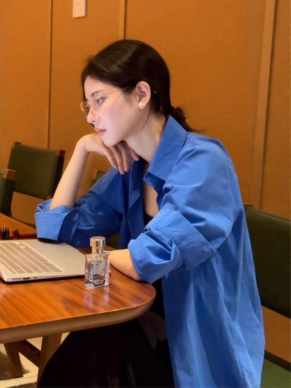克莱因蓝色衬衫女款2025新款法式气质设计感小众衬衣外套长袖上衣|undefined