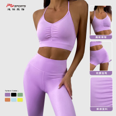 歐美熱賣健身服女不規則抽皺運動文胸 高腰抽繩運動短褲瑜伽套裝
