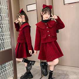 女童套装裙秋冬中大童小香风外套短裙两件套秋季时髦红色新年衣服