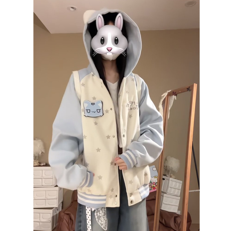 2025 New Autumn and Winter Cute Cat Velcro Hooded Sweatshirt Baseball Jacket Jacket