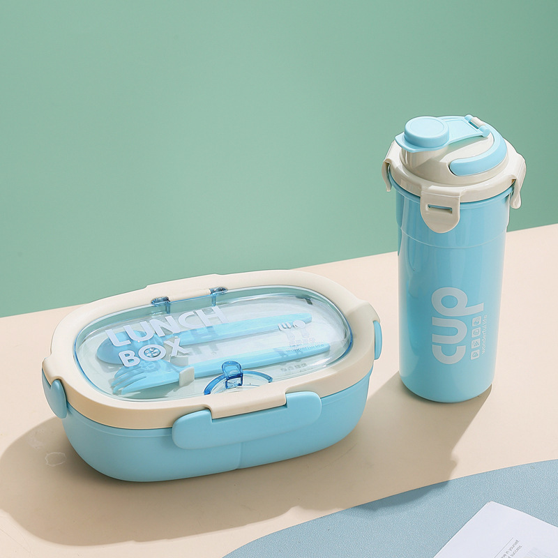Caja de almuerzo elíptica simple con taza de agua, caja de almuerzo de estudiantes, oficina, caja de almuerzo portátil con cubiertos