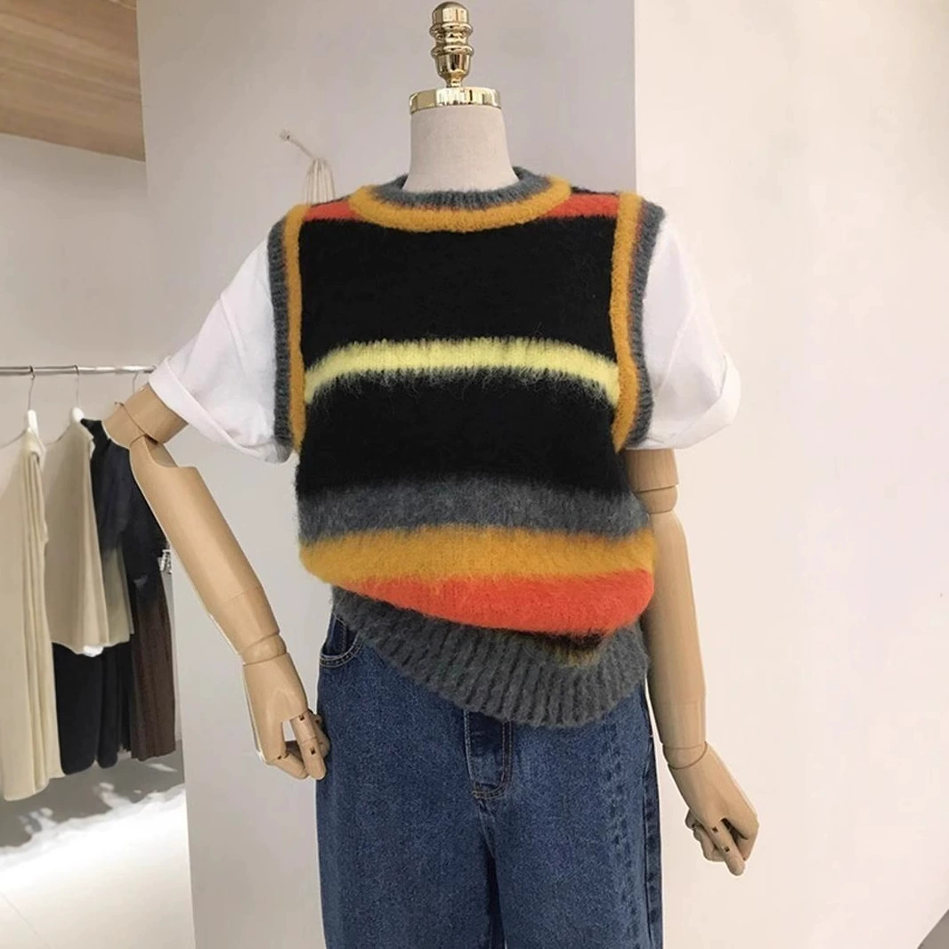 Южная Корея Dongdaemun 2023 весна и осень Новый дизайн Sense свитер жилет подбор цветов полосатый плюшевый вязаный жилет для женщин
