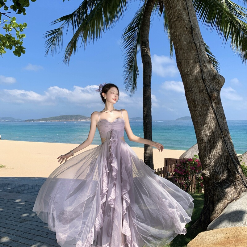 Dopamine's Beautiful Atmosphere, Purple Mesh Tube Top, Suspender Belt, Long Skirt, Super Fairy Island Resort Style Beach Skirt