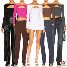 GL6683 欧美女装亚马逊跨境 舒适纯色镂空扭结一字肩多穿T恤上衣