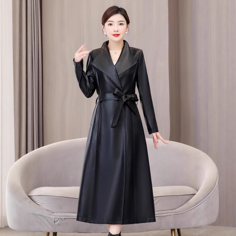 2025 New Leather Jacket Women's Long Leather Windbreaker Jacket Autumn and Winter Slim Coat Waist Slimming Large Size Lapel 2025 New Leather Jacket Women's Long Leather Windbreaker Jacket Autumn and Winter Slim Coat Waist Slimming Large Size Lapel
