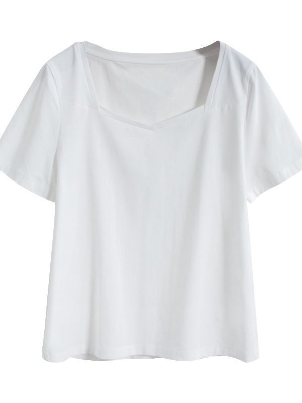 女性のための白い半袖 T シャツ 2025 夏の新スタイルスクエアネックルーズレトロ右肩 V ネックデザインニッチトップトレンディ|undefined