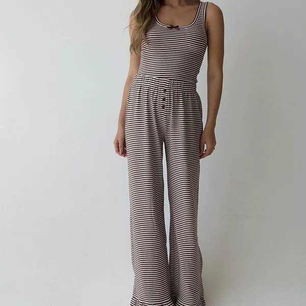Cross-Border European and American 2026 Autumn New Casual Loungewear Striped Tank Top Ruffle Pants Pajama Set Suitable for Outerwear