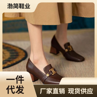 Retro soft leather high heels for women 2023 Spring and Autumn New chunky heel square toe British leather shoes loafers single-layer shoes