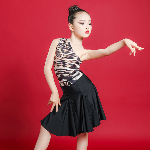 Girls leopard one shoulder latin dance dresses for kids children latin dance costumes for children