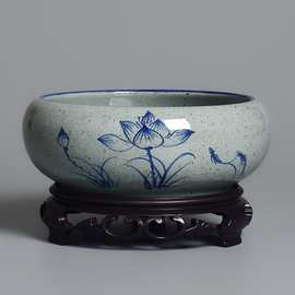 复古手绘水培花盆陶瓷大口径水养铜钱草专用碗莲一叶莲水仙花盆缸