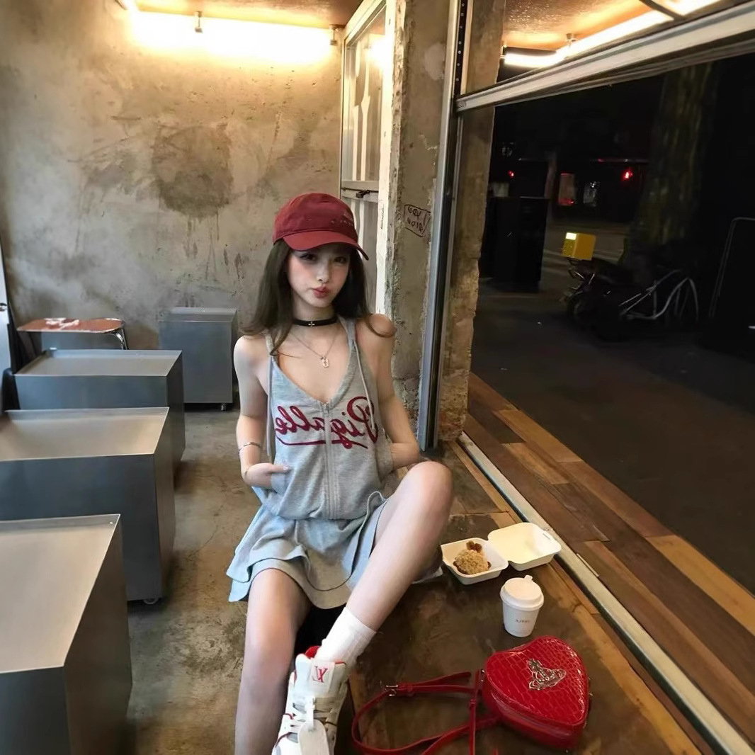 灰色印花掛脖拉鏈連帽背心女夏季新款撞色運動休閒2025辣妹短T恤