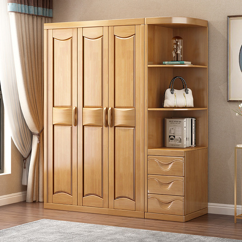 卧室中式实木衣柜家用平开门橡木收纳柜组合整体现代原木组装储物