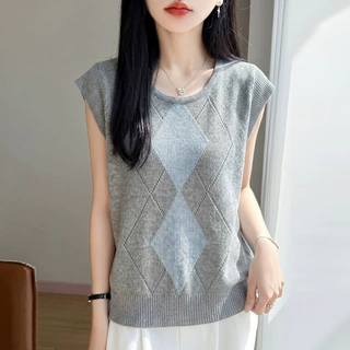 韩系宽松菱形镂空短袖针织衫女2026新款圆领显瘦夏季T恤薄款上衣
