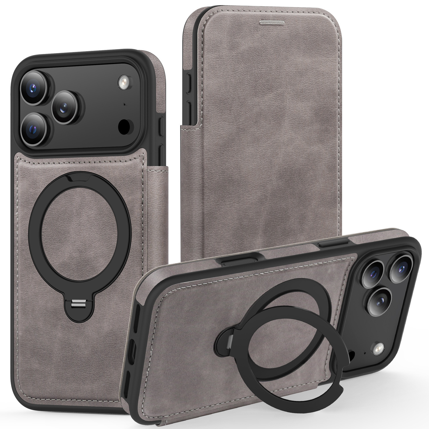 Ốp lưng da lật iPhone 16 Pro Max xoay 360 độ tích hợp giá đỡ từ tính — màu đen, màu xanh hoàng gia, Màu nâu, xám chi tiết 3