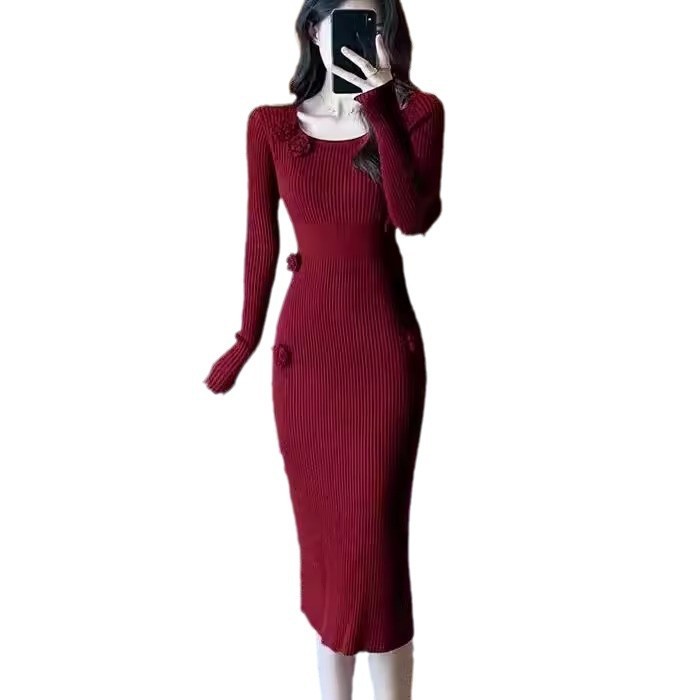フレンチレトロ立体フラワーニットドレス女性のための2024秋冬気質セータースカートウエストカバーヒップロングスカート|undefined