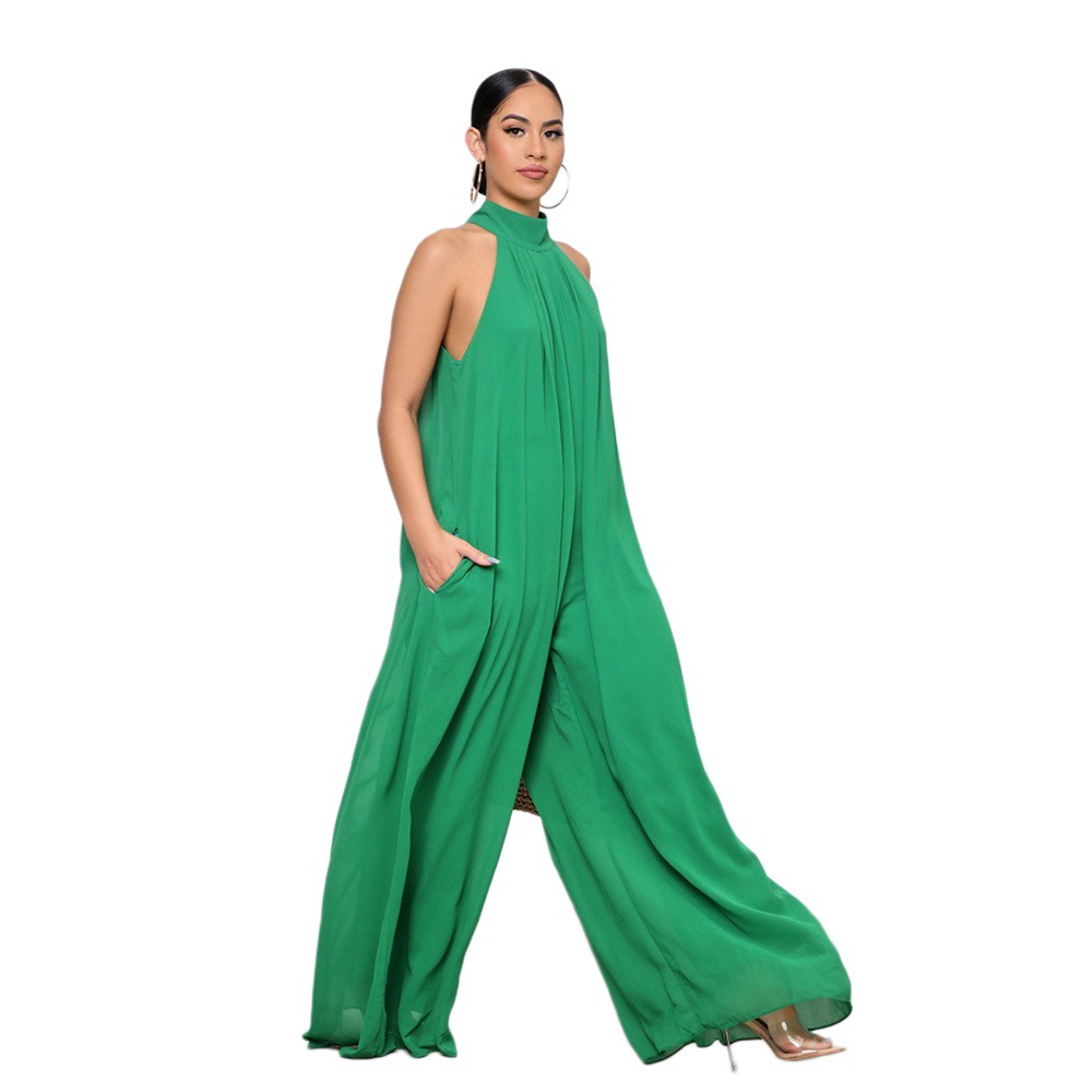 sleeveless loose wide-leg hanging neck solid color chiffon jumpsuit NSXLY119202