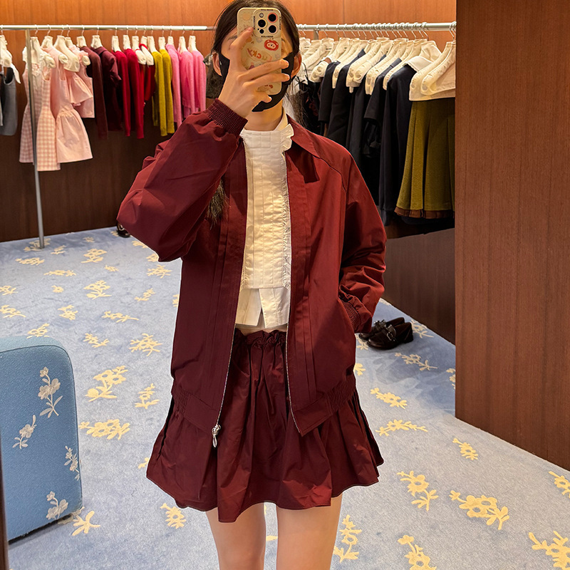 [in Stock] 2025 Autumn/Winter Loose Baseball Jacket with Lapel, Tucker Pleated Zipper Coat 25881