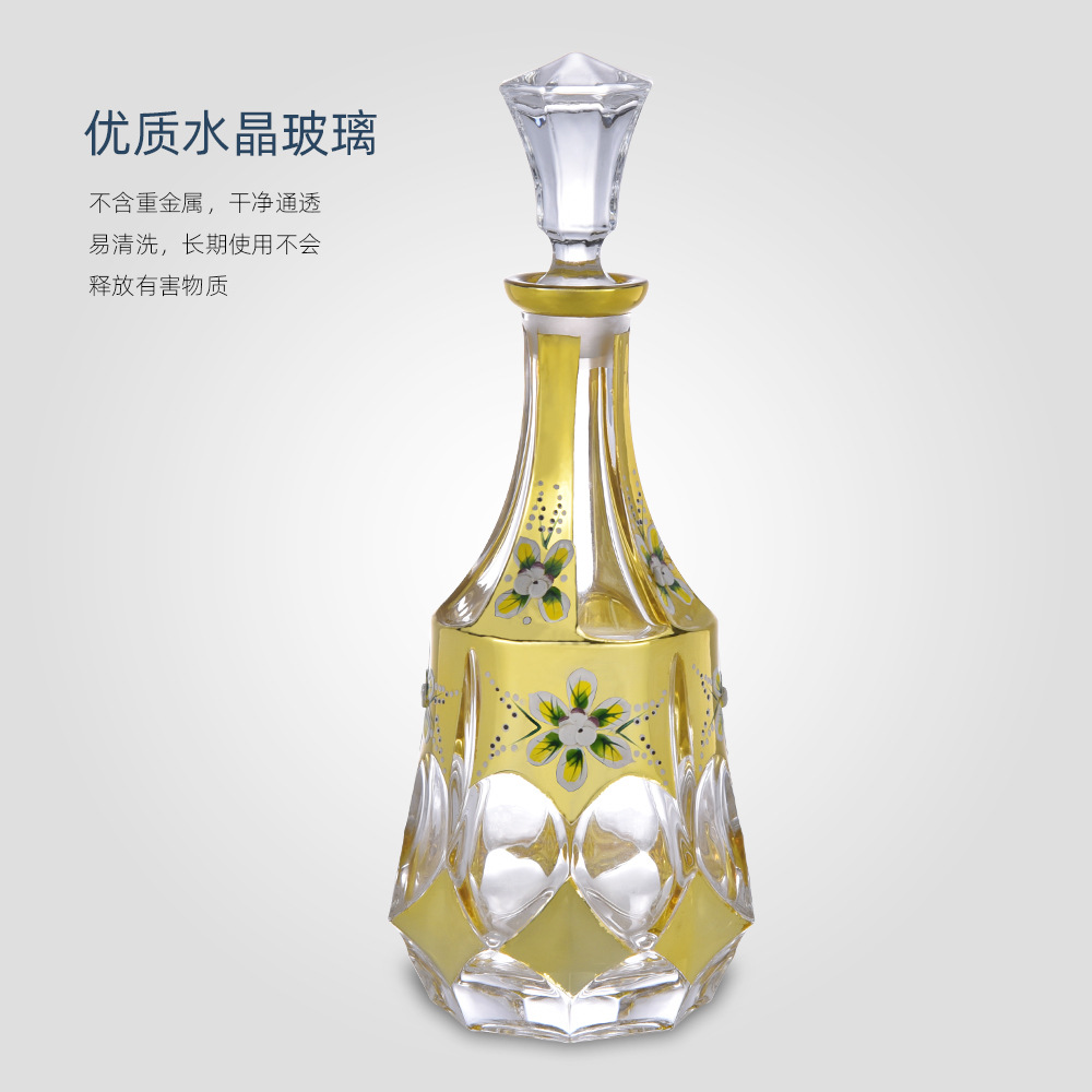 外贸出口水晶玻璃酒具 捷克真金珐琅花酒具 不规则白兰地酒具套装