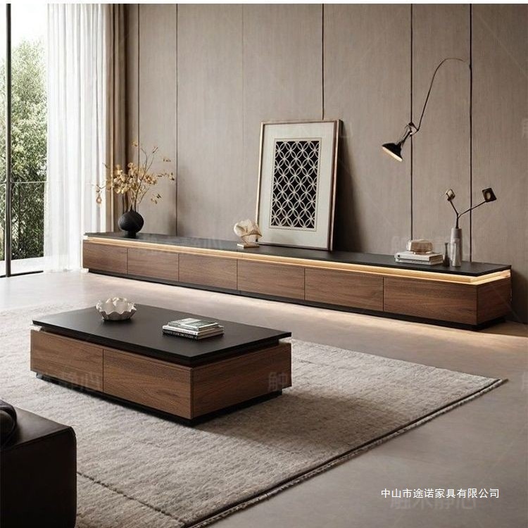 Solid Wood Tv Cabinet Living Room Antique Style Home Walnut Color Floor Cabinet Coffee Table Combination Storage Cabinet Minimalist