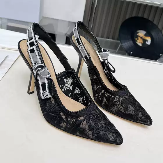 European and American Casual Fashion High Heels 2025 New Lace Embroidered Genuine Leather Strap High Heel Sandals Elegant Trendy Foreign Trade