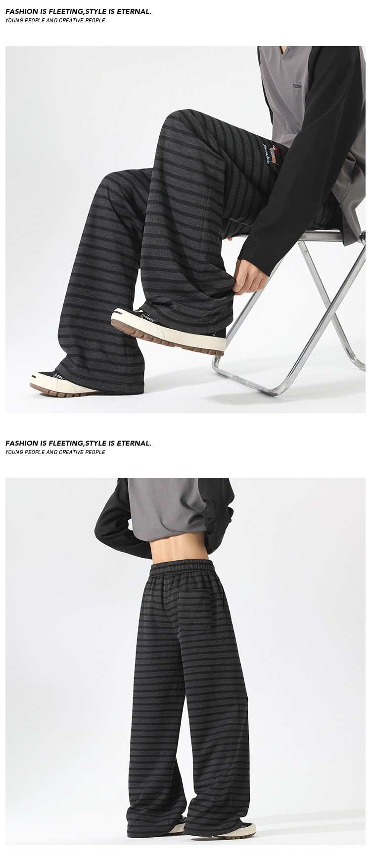 Men's Casual Striped Patchwork Trousers Retro Embroidered Fit_voghion.com