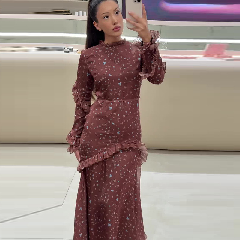 2025年新款欧美亚马逊跨境外贸女装长袖优雅荷叶边修身碎花连衣裙|undefined