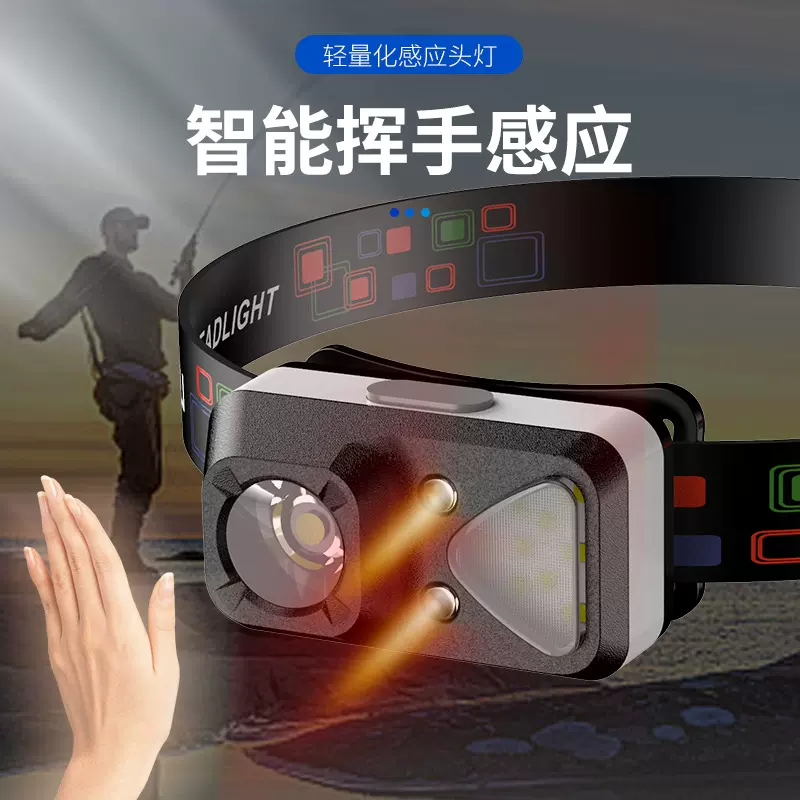厂家批发充电感应头灯强光超亮夜钓灯头灯防水户外轻量头戴式电筒
