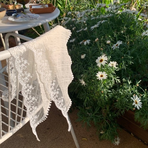 French lace triangular scarf with floral beige stylish retro decorative head scarf hair tie for bag straps and fringes, versatile small scarf