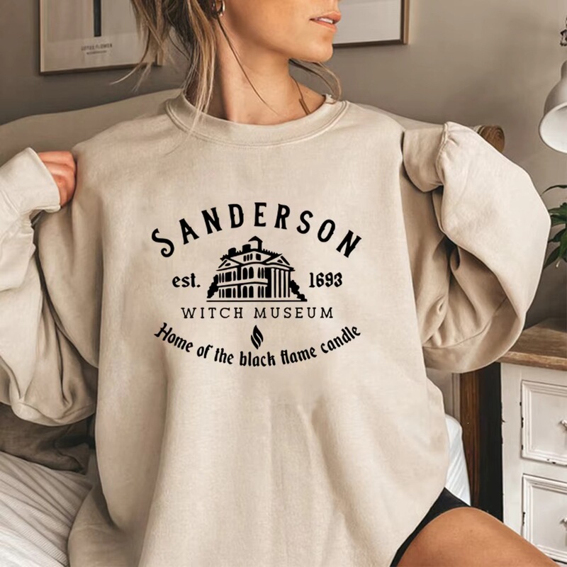 Hocus Pocus Black Flame Candle Vintage Text Building Print Top Halloween Loose Round Neck Sweatshirt Hocus Pocus Black Flame Candle Vintage Text Building Print Top Halloween Loose Round Neck Sweatshirt