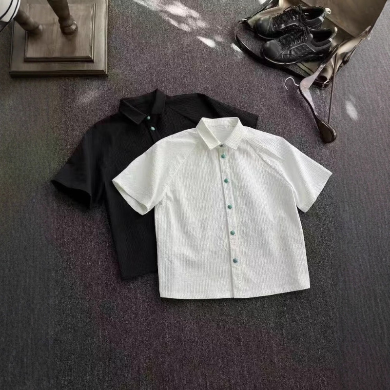 White Textured Turquoise Short-Sleeve Shirt for Men, Summer Cleanfit, Light Luxury Style, Cool Student Shirt, Black