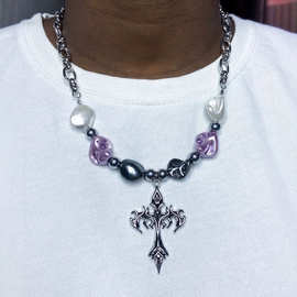 欧美异形珍珠十字架不锈钢项链辣妹毛衣链饰品高级感ins潮颈链