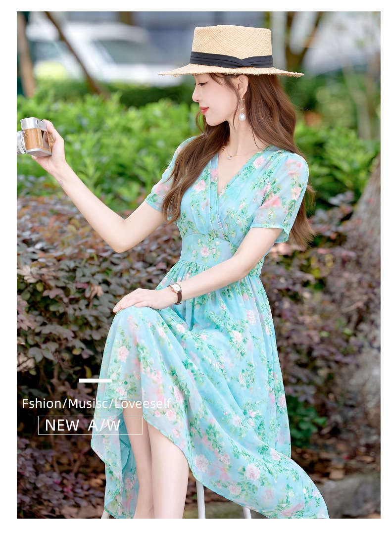 Đầm maxi nữ thắt eo họa tiết hoa nhí cổ V xếp ly tay ngắn — xanh lam, Màu hồng, màu vàng chi tiết 16