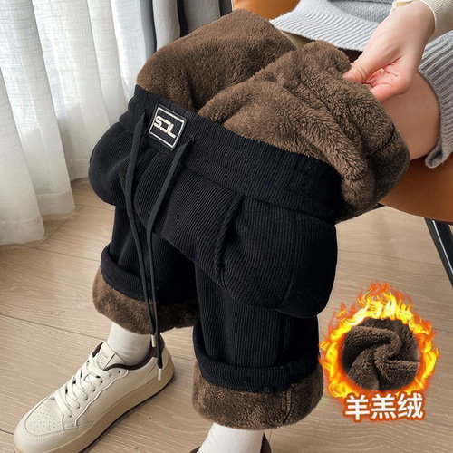 Women's Winter Fall Thick Fleece Wide Leg Pants with Cashmere 2024 New Thick Lamb Wool Straight Leg Pants